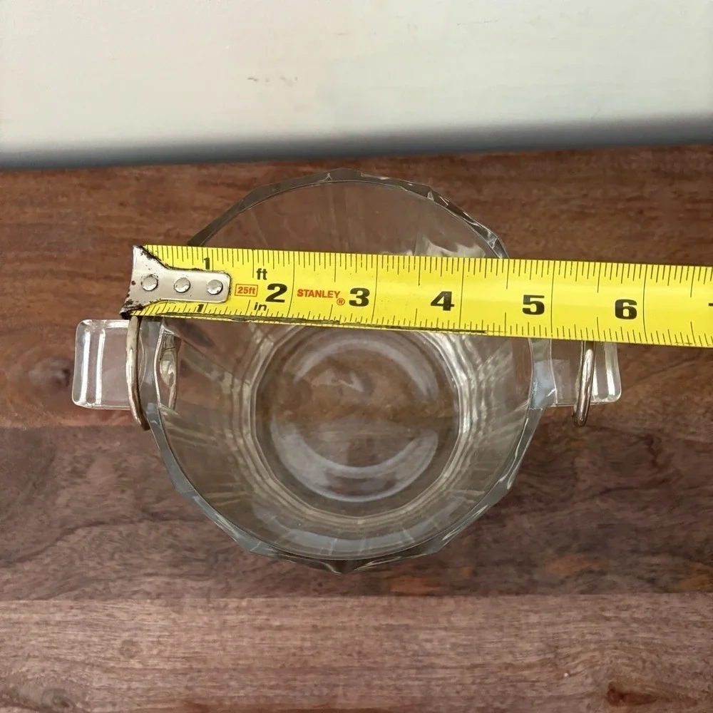 Vintage Faceted Glass Ice Bucket Handle Mid Century Heavy Paneled Barware Wine